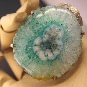 Teal Solar Quartz Pendant Slice Connector, Gemstone Jewelry Making Geode Silver